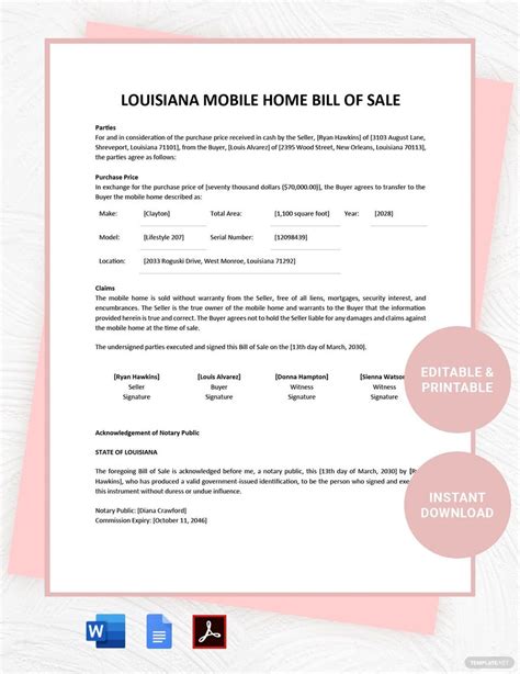 Bill Of Sale Louisiana Template