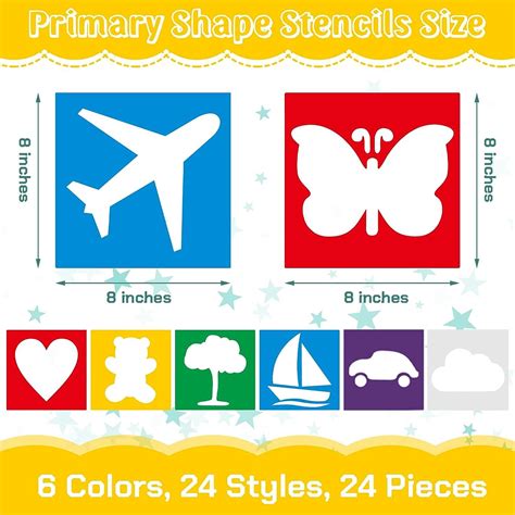 24 Piece Primary Style Kids Stencils Set - Large Washable Geometric and ...