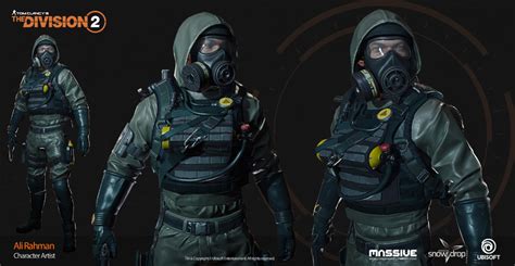 Three Different Views Of A Man In Gas Mask And Overalls From The