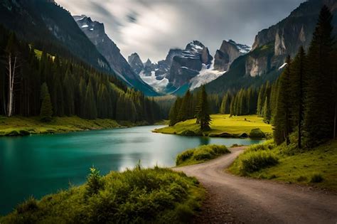 Premium AI Image | a road leading to a mountain lake