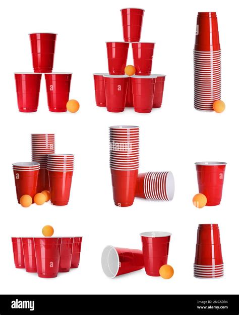 Beer Pong Set With Red Plastic Cups And Balls On White Background