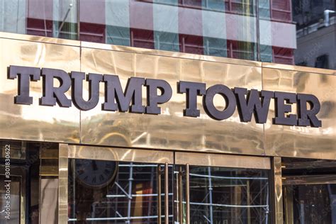 NEW YORK, USA - MAY 15, 2019: Low angle of the gold facade of Trump ...