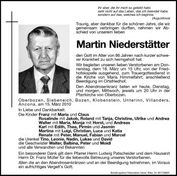 Traueranzeigen Von Martin Niederst Tter Trauer Bz