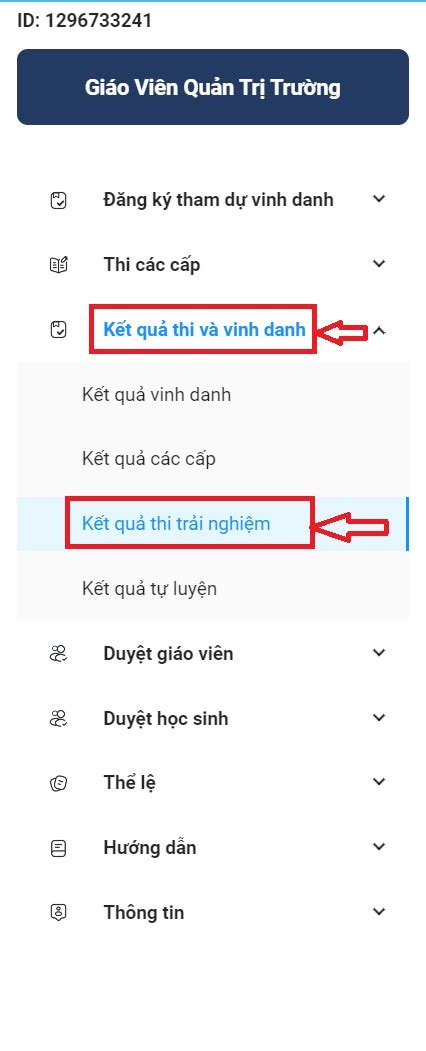 Hướng dẫn xem kết quả thi trải nghiệm từ tài khoản giáo viên quản trị