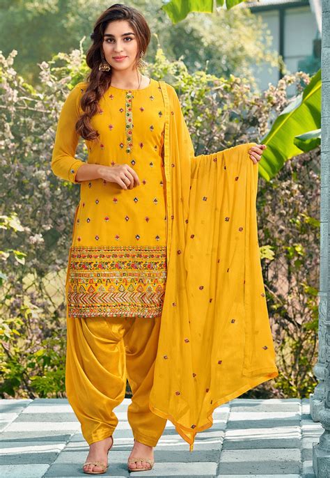 Buy Embroidered Georgette Punjabi Suit In Mustard Online Kch