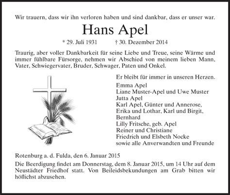 Traueranzeigen Von Hans Apel Trauer Hna De