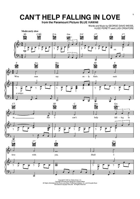 Can't Help Falling In Love" Sheet Music by Elvis Presley; Andrea Bocelli; UB40; Michael Buble ...