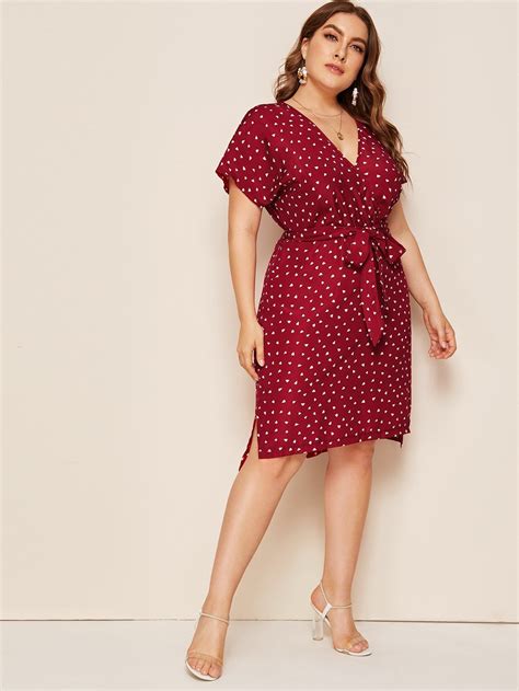 Plus Heart Print Surplice Neck Belted Dress Belted Dress Plus Size