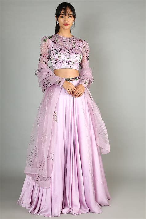 Lilac Embroidered Modal Satin Wedding Lehenga Set By Mahima Mahajan At