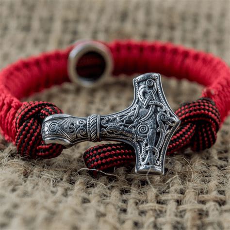 Thor Hammer With Runes Paracord Bracelet Sterling Silver Handcrafted