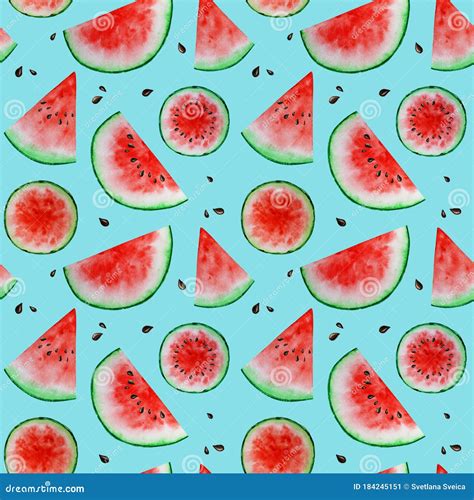 Watermelon Slice Fruit Seamless Patterns Watercolor Hand Drawn Illustration Fresh Healthy Food