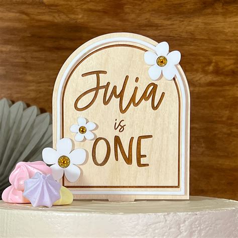 First Birthday Cake Topper – Etched Wood with White Acrylic Border ...