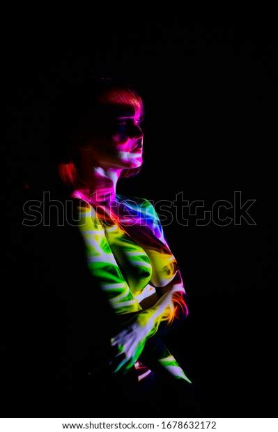 Portrait Beautiful Naked Woman Colored Beams Stock Photo 1678632172