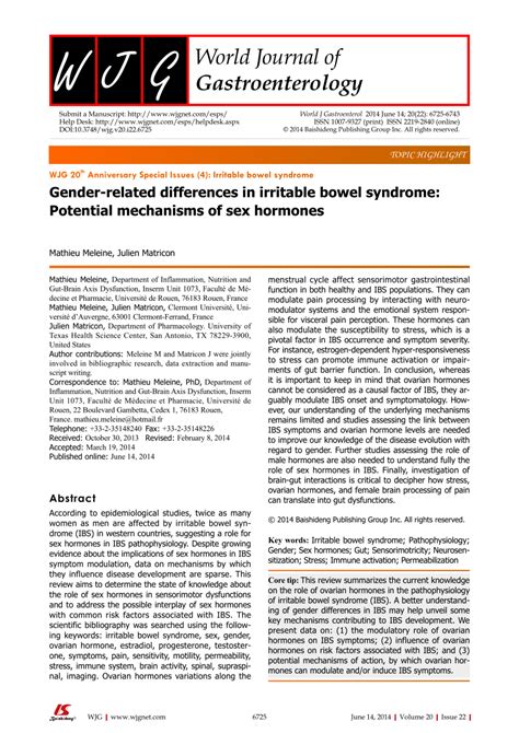 PDF Gender Related Differences In Irritable Bowel Syndrome Potential Mechanisms Of Sex Hormones