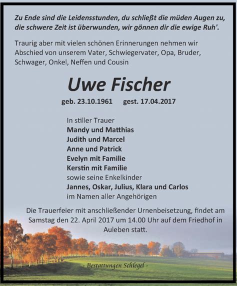 Traueranzeigen Von Uwe Fischer Trauer In Thueringen De