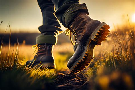 Feet In Farm Boots Walk Across A Plowed Field At Sunset Ai Generated Stock Illustration