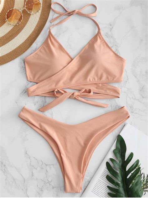 Off Zaful High Leg Wrap Bikini Set In Deep Peach Zaful