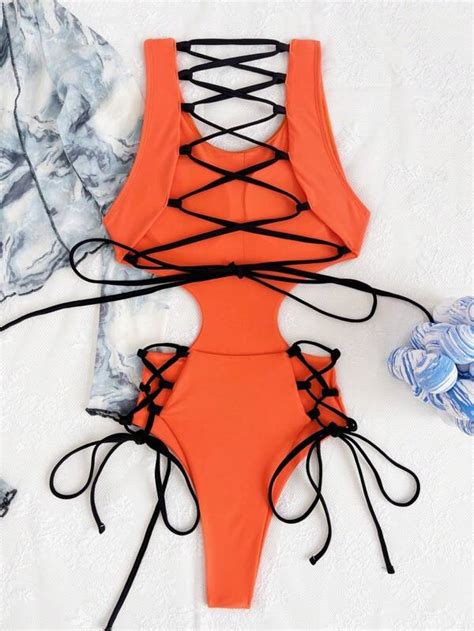 Shein Swim Sxy Lace Up Backless Cut Out Waist One Piece Swimsuit Shein Usa