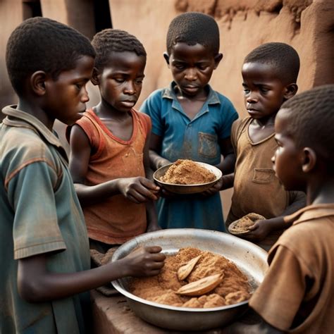 Niños pobres hambrientos que comen la comida en el pueblo Foto Premium