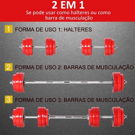 Conjunto de Halteres 30kg Ajustáveis 2 em 1 Barras e Extensor