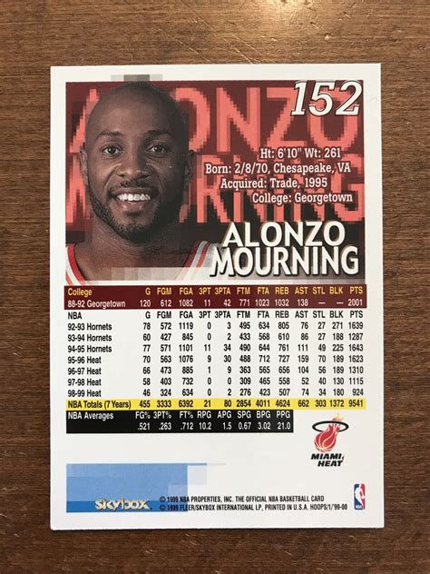 Alonzo Mourning 1999 00 Skybox NBA Hoops 152 Miami Heat HOF EBay