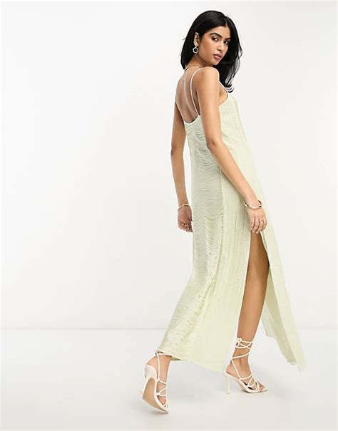 Asos Design Fringe Crochet Cami Maxi Dress In Stone Asos