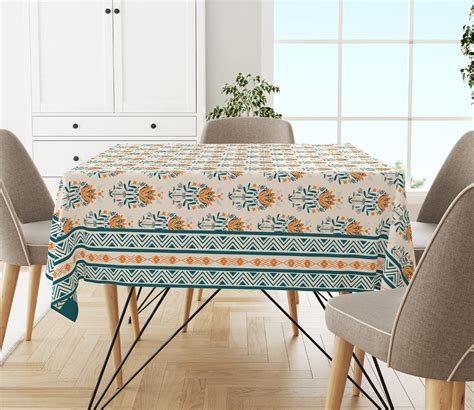 Buy Blue Block Elegant Indian Floral Print 8 Seater Table Cloth Online