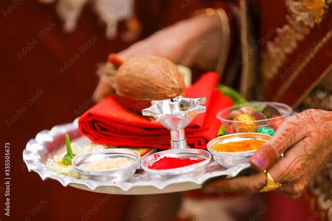 Indian traditional wedding ceremony : Decorative puja thali Stock Photo | Adobe Stock