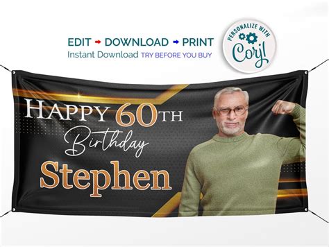 Printable Happy 60th Birthday Banner Black and Gold Editable - Etsy