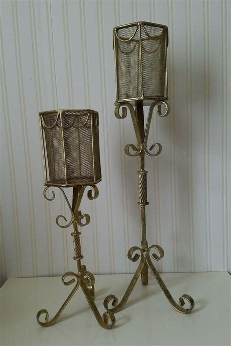 Pair Vintage Hollywood Regency Large Candle Stands Wire Mesh And Curly