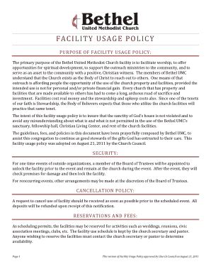 Fillable Online Bethelhiramumc Facility Usage Policy Bethel United