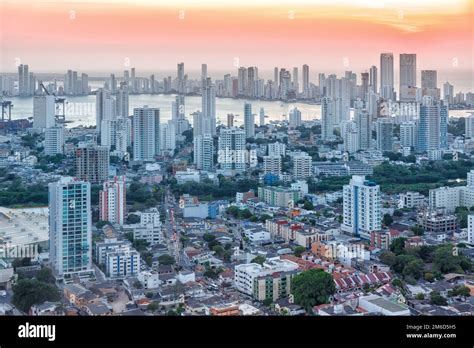 Cartagena Skyline Colombia City Skyscrapers Sunset Twilight Stock Photo