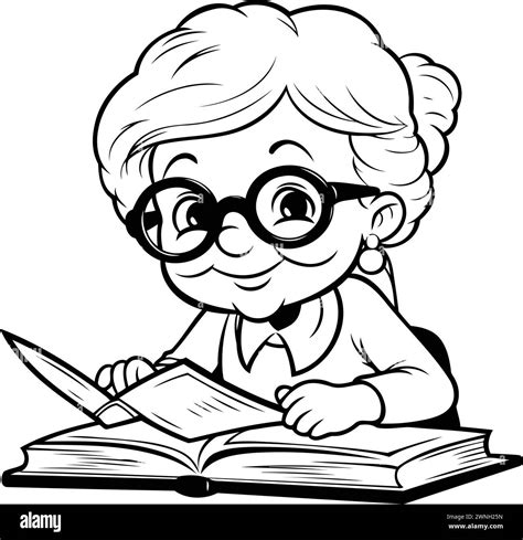 Grandmother Reading Book - Black and White Cartoon Illustration. Vector ...