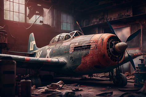 Old Military Airplane In The Hangar Generative Ai Stock Illustration