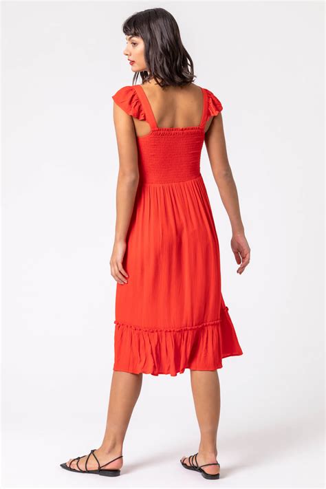 Shirred Bodice Frill Detail Midi Dress In Orange Roman Originals Uk