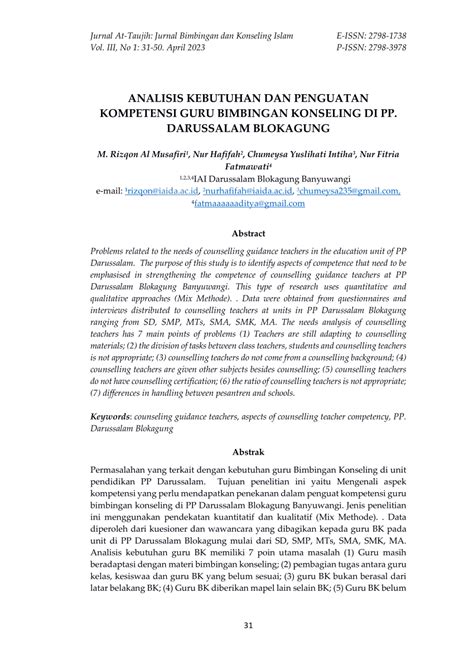 Pdf Analisis Kebutuhan Dan Penguatan Kompetensi Guru Bimbingan