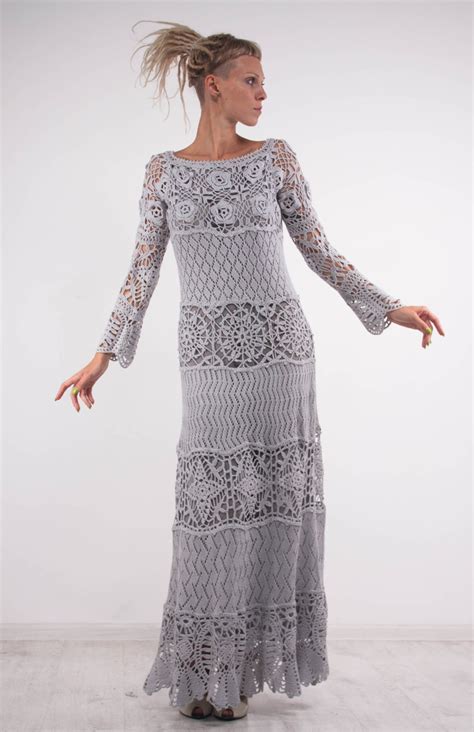 Crochet Lace Off Shoulder Dress Grey Maxi Dress Long Sleeves Etsy