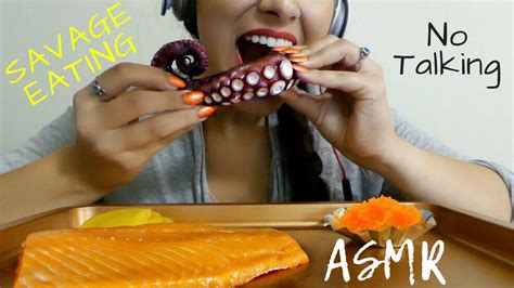 Asmr 🐙octopus And Salmon 🐟mukbang Extreme Savage Eating Sounds ⚫no Talking 문어 연어 먹방 Youtube