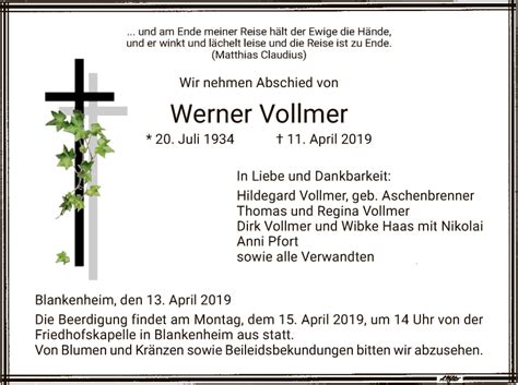 Traueranzeigen Von Werner Vollmer Trauer Hna De