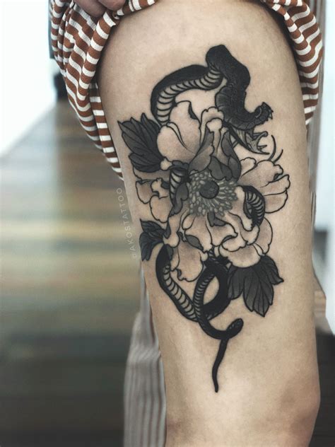 Healed Peony And Snake Thigh Tattoo Done By Akos Tattoo