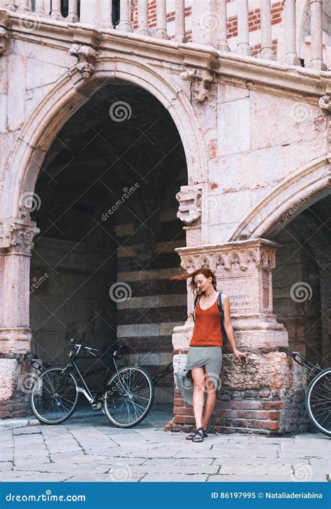 Travel Europe Young Stylish Woman In Verona Italy Stock Image