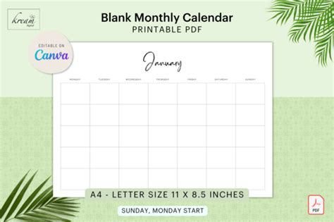 Canva Blank Monthly Calendar Graphic By Kream Digital · Creative Fabrica