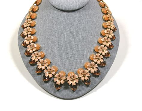 J Crew Peach Amber Enamel Flower Statement Necklace Gem