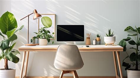 Premium AI Image | A computer indoor plants and an ergonomic chair complete the minimalist desk ...