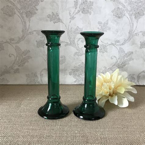 Pair Of Emerald Green Glass Candlestick Holders Green Glass Candle Holders Vintage Green Ca