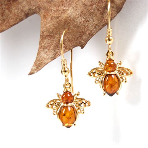 Bee Earrings Amber Bee Drop Earrings Amber Insect Earrings Etsy Uk