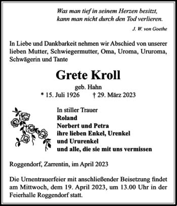 Traueranzeigen Von Grete Kroll Trauer Nordkurier