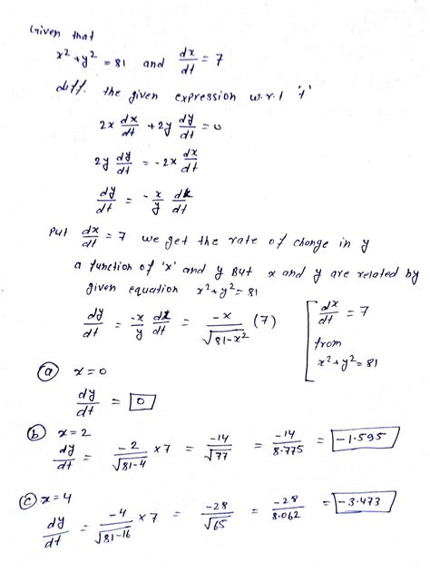 Solved 1 Point If X2 Y 81 And Dx Dt 7 Find Dy Dt When Y Is