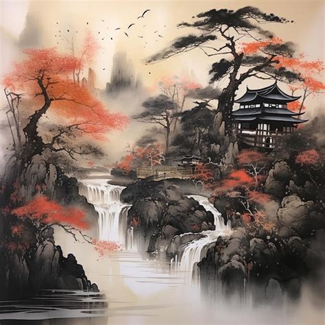 Una pintura de un templo japonés con una cascada en el fondo Vector