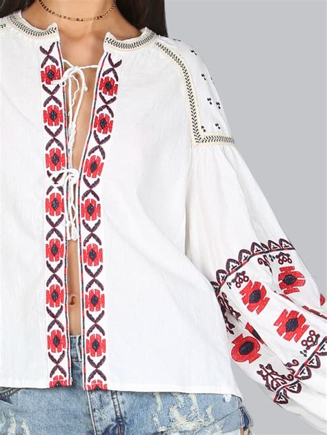 Floral Embroidered Peasant Top WHITE SheIn Sheinside